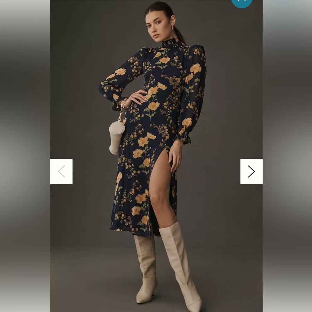 NWT Reformation Black and Yellow Floral Long Sleeve Dress